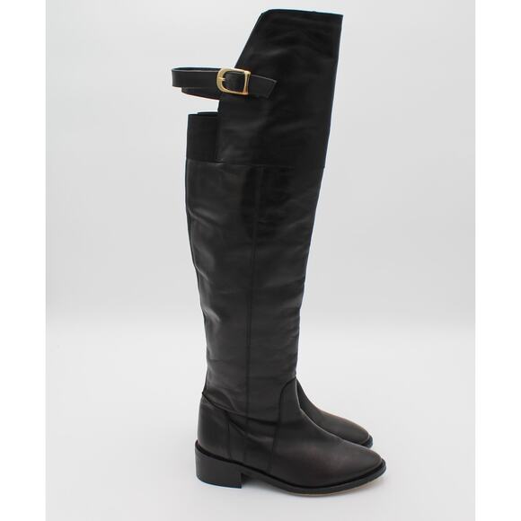 Steve Madden Over The Knee Leather Riding Boots Womens 7 Black Buckle Spain - Picture 1 of 8